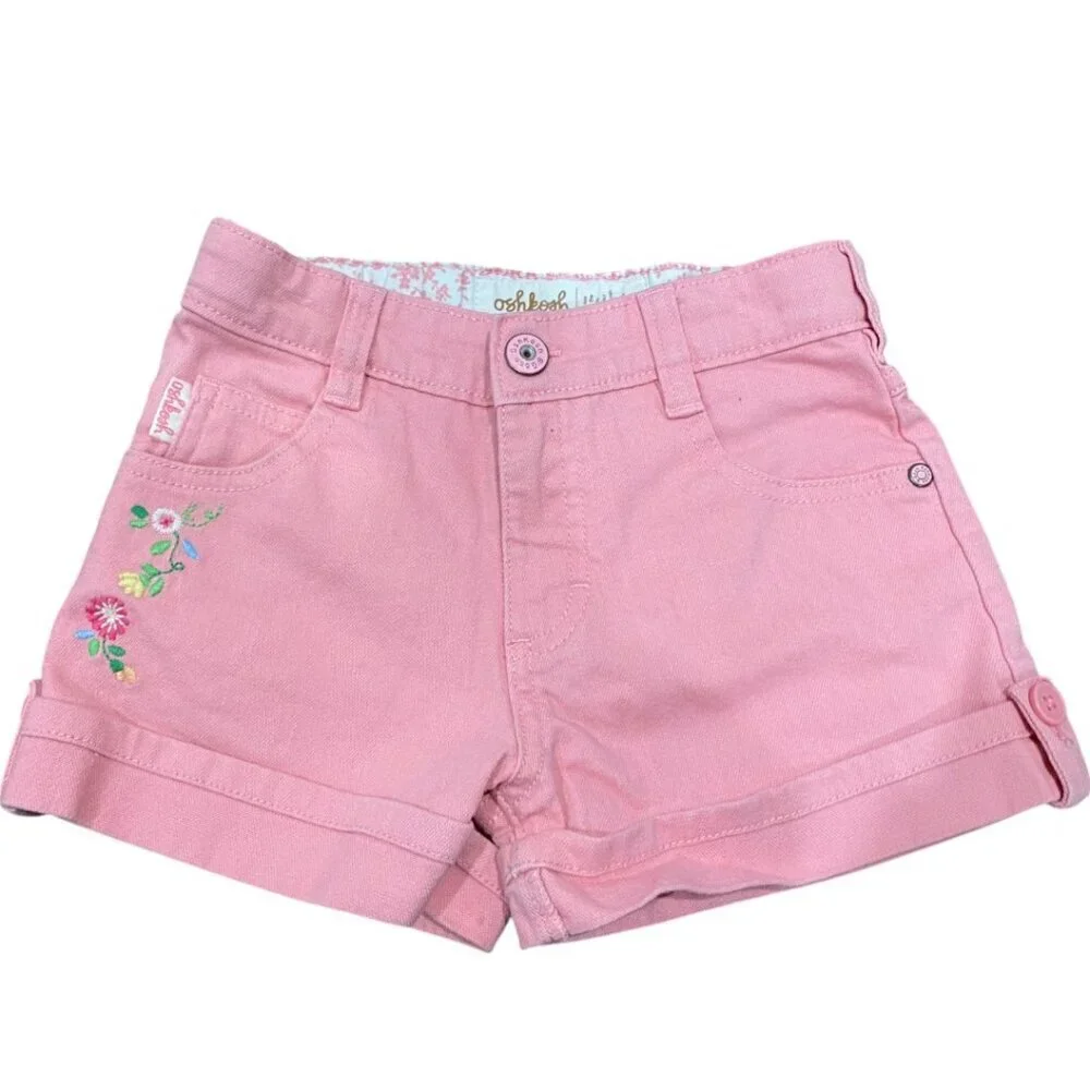 OshKosh B'gosh Pink Cuffed Shorts with Floral Embroidery Girls Size 6